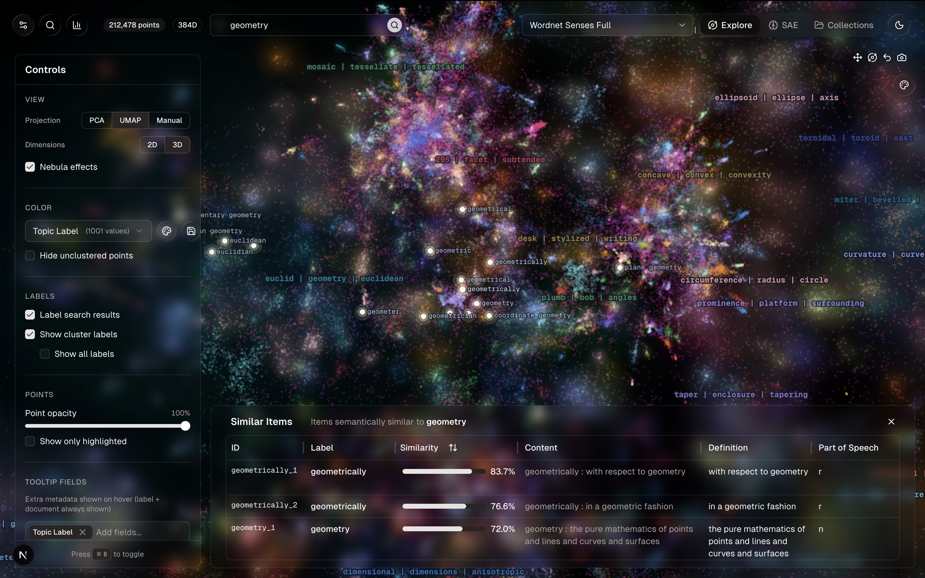 WordNet, 212k senses, with semantic search results for "geometry"